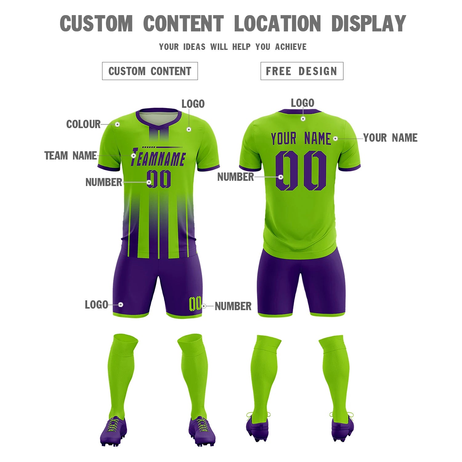 Custom Neon Green Purple Vertical Training Uniform Soccer Sets Jersey
