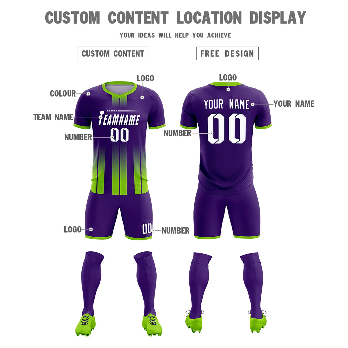 Custom Purple Neon Green Vertical Training Uniform Soccer Sets Jersey