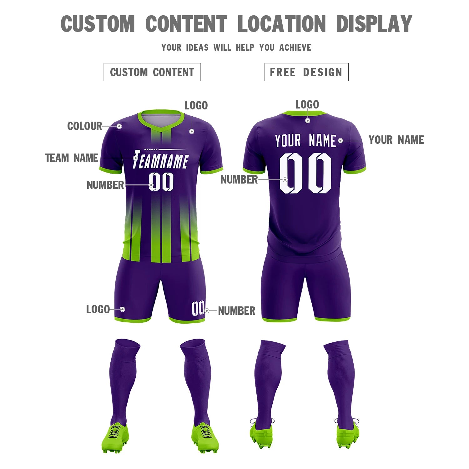 Custom Purple Neon Green Vertical Training Uniform Soccer Sets Jersey