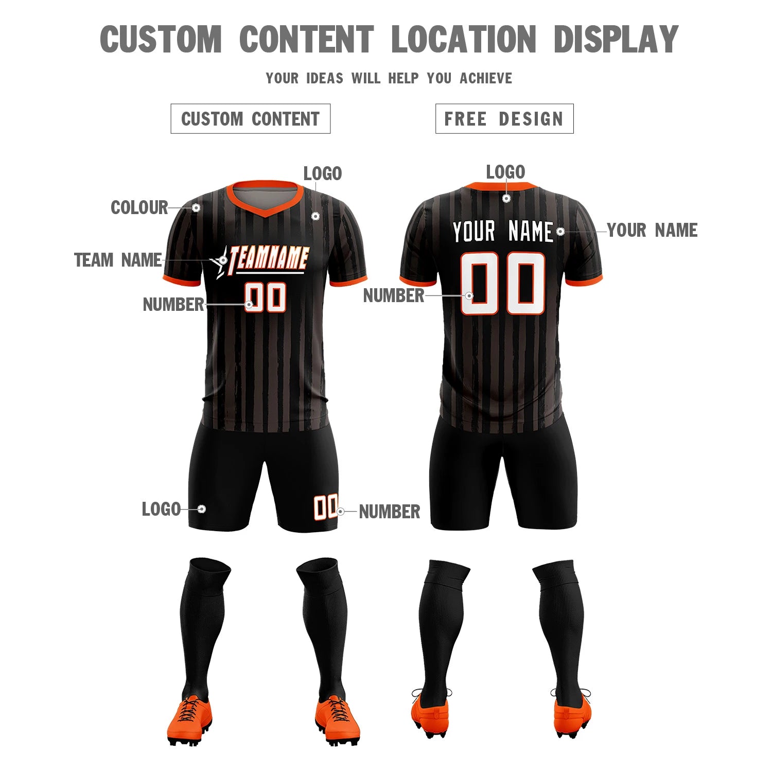 Custom Black Orange Breathable Soccer Sets Jersey