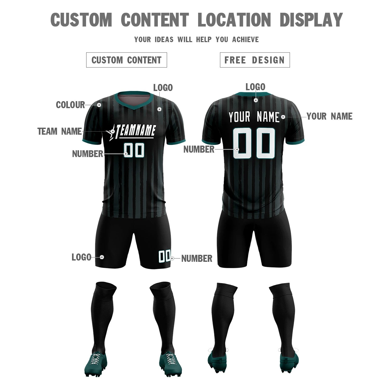 Custom Black Midnight Green Breathable Soccer Sets Jersey