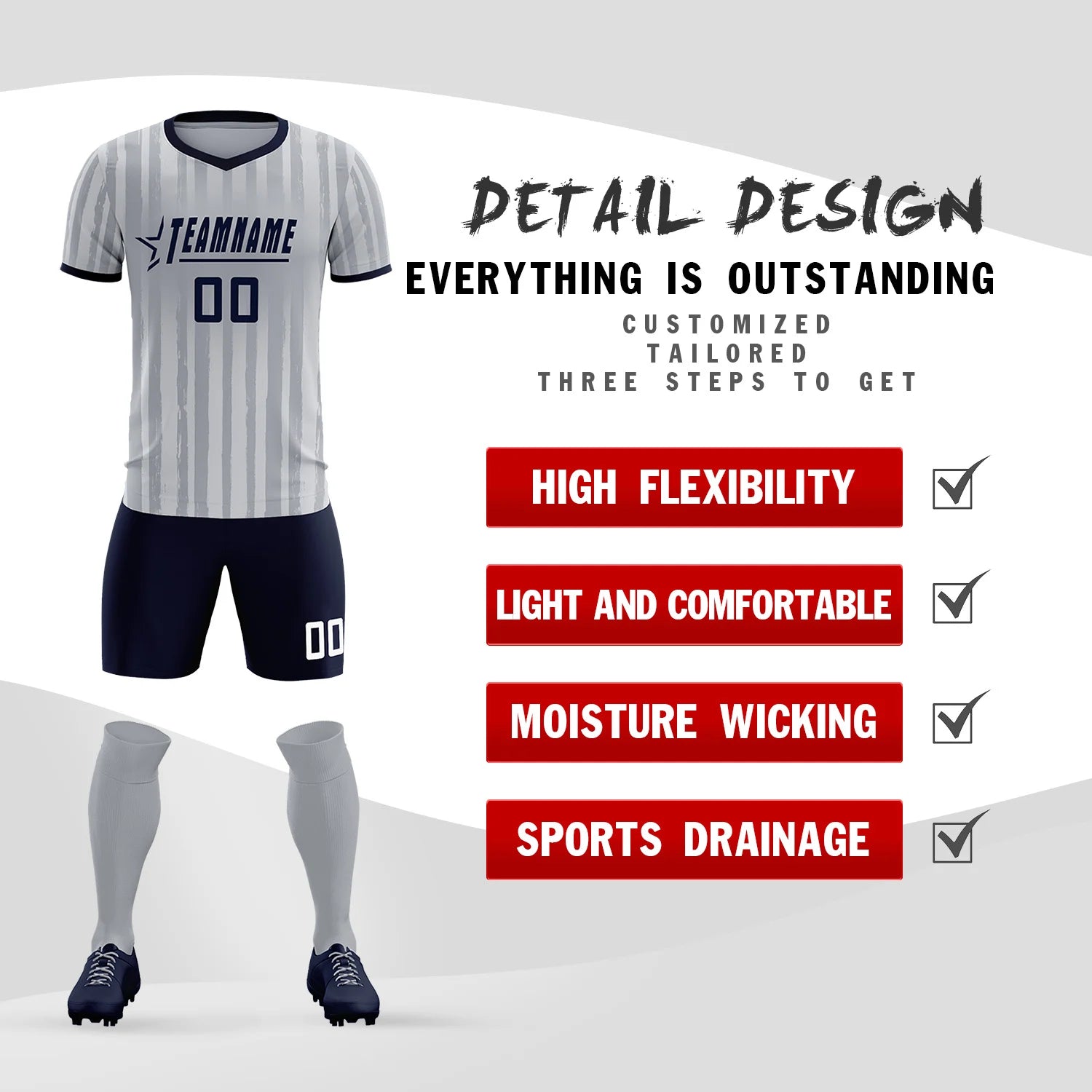 Custom Gray Navy Breathable Soccer Sets Jersey