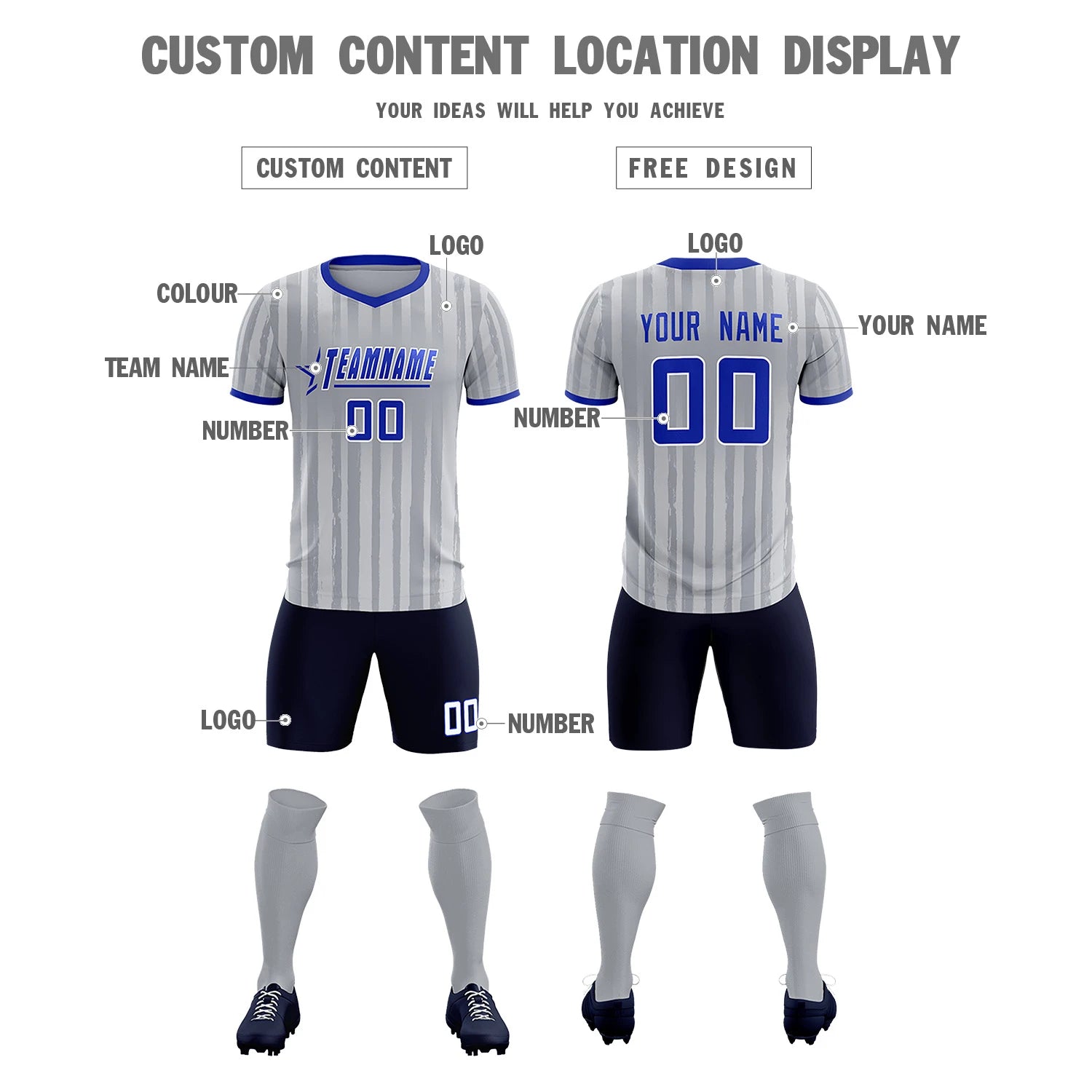 Custom Gray Royal Blue Breathable Soccer Sets Jersey