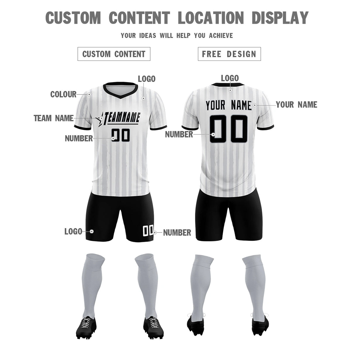 Custom White Black Breathable Soccer Sets Jersey