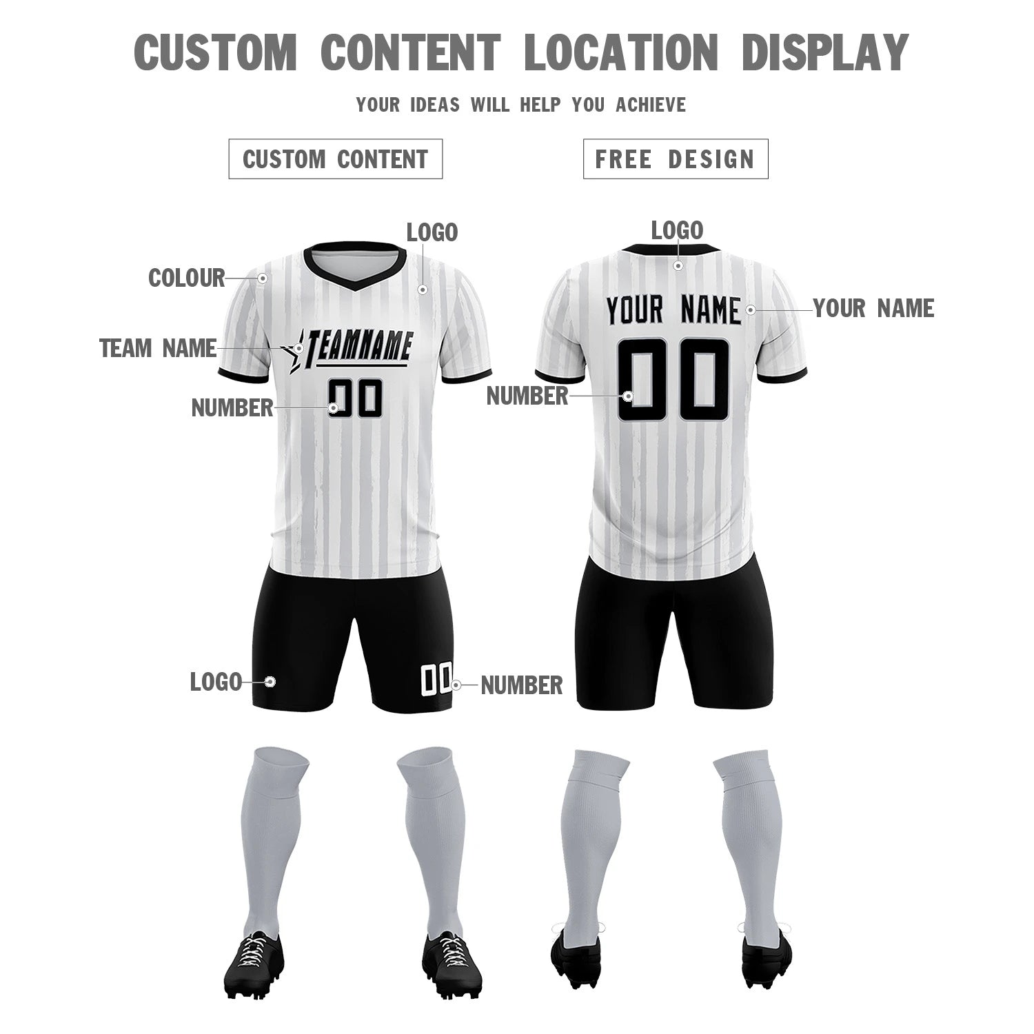 Custom White Black Breathable Soccer Sets Jersey