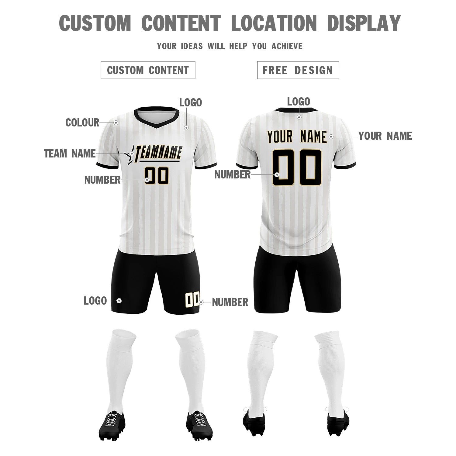 Custom White Black Breathable Soccer Sets Jersey