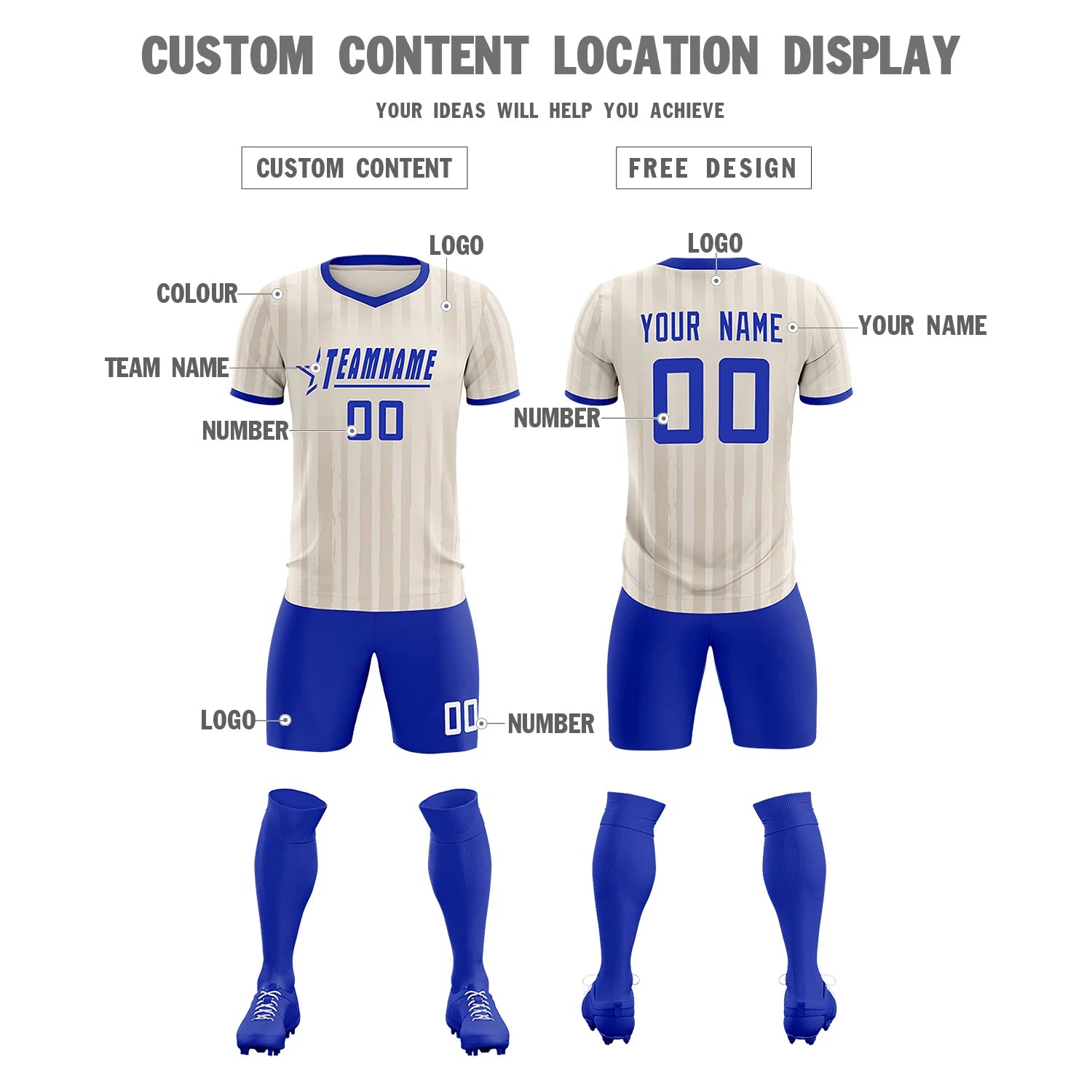Custom Khaki Royal Blue Breathable Soccer Sets Jersey