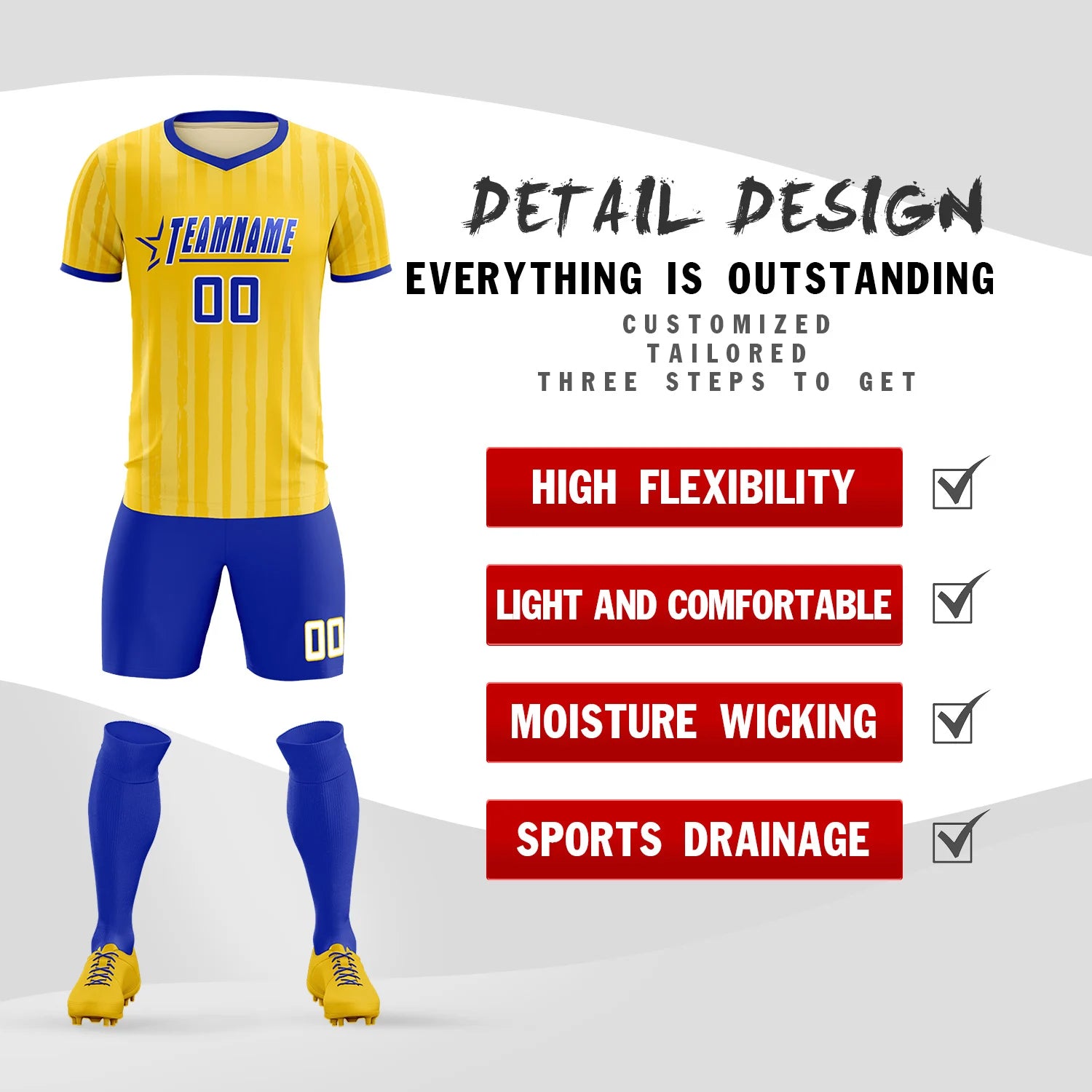 Custom Gold 01 Royal Blue Breathable Soccer Sets Jersey