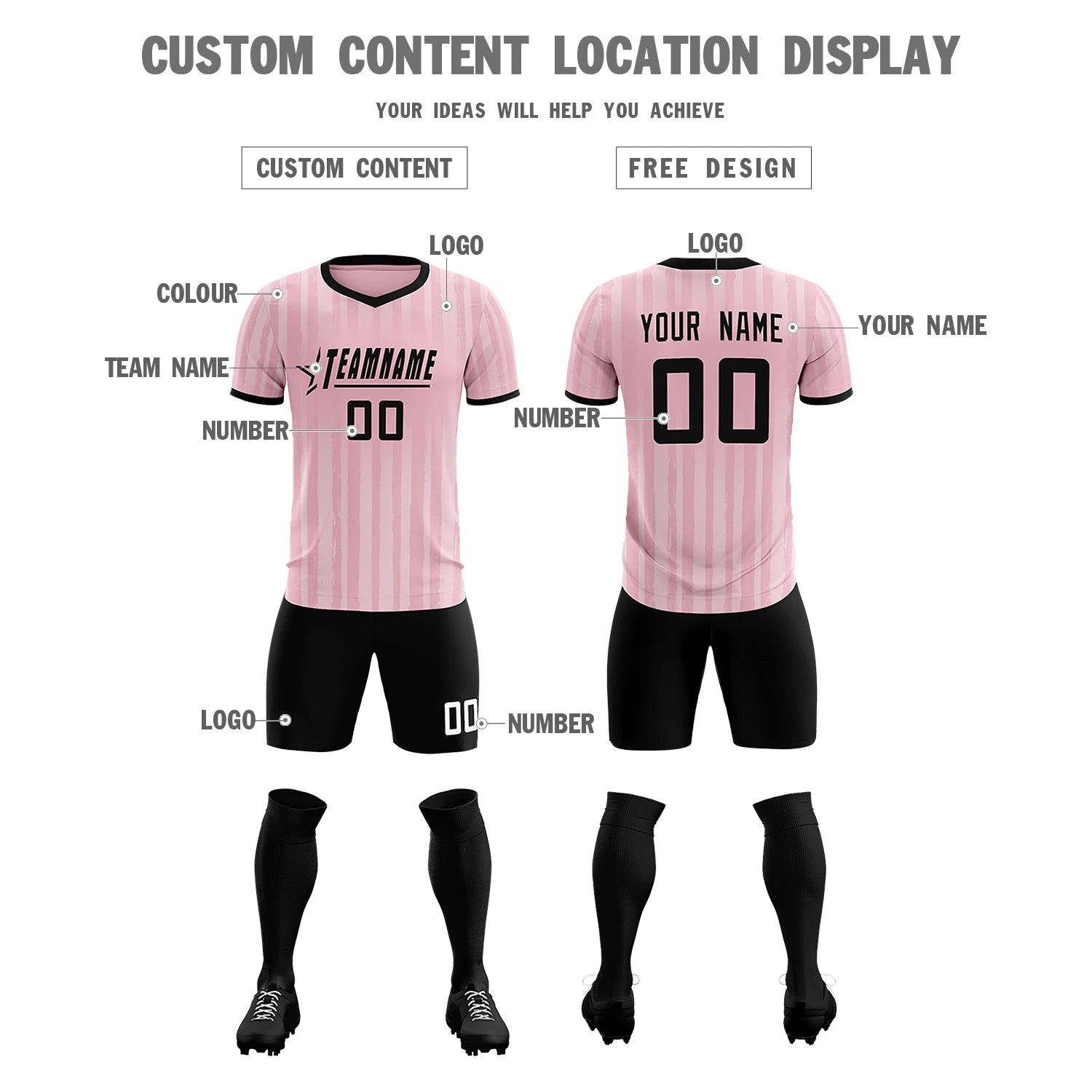 Custom Light Pink Black Breathable Soccer Sets Jersey