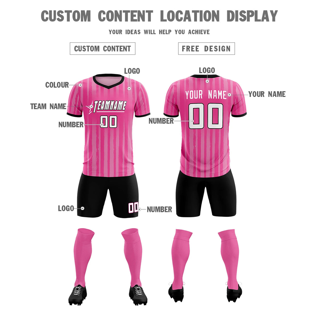 Custom Pink Black Breathable Soccer Sets Jersey