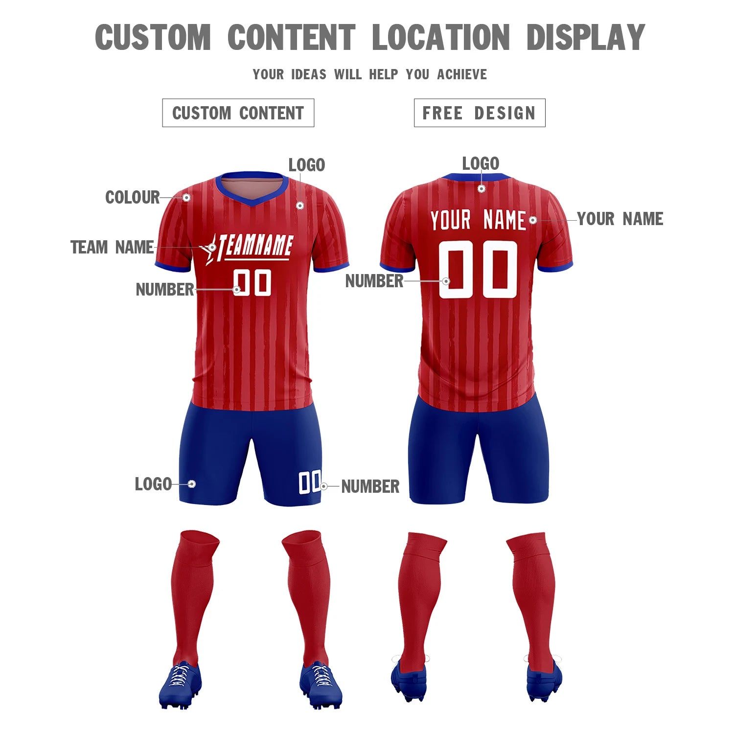 Custom Red Royal Blue Breathable Soccer Sets Jersey