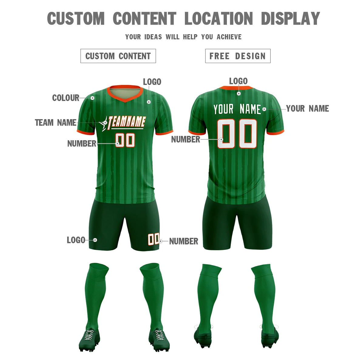 Custom Kelly Green Orange Breathable Soccer Sets Jersey