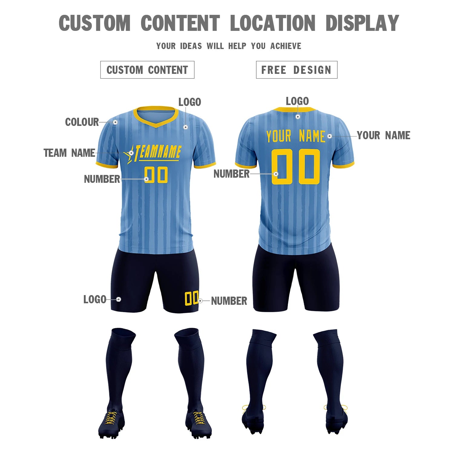 Custom Light Blue Gold 01 Breathable Soccer Sets Jersey