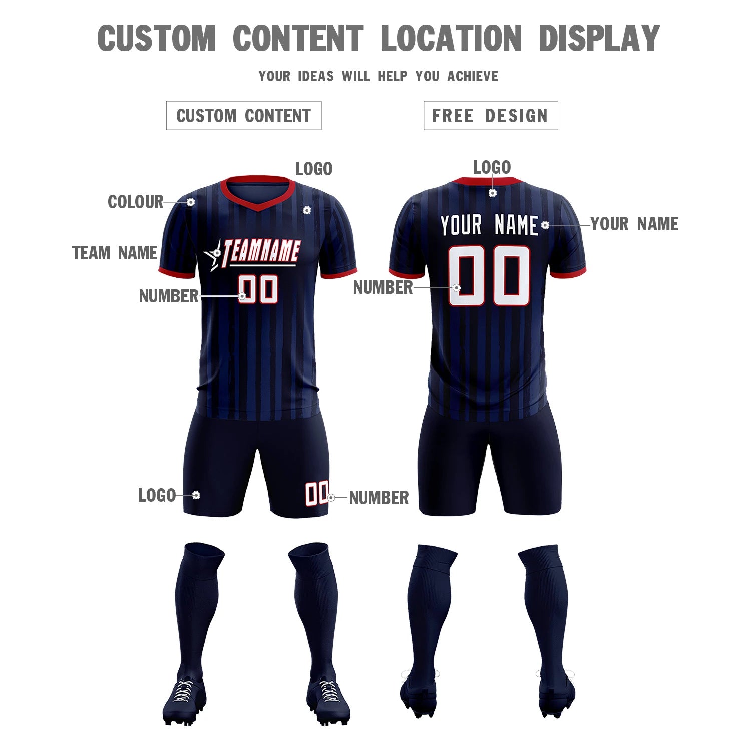 Custom Navy Red Breathable Soccer Sets Jersey