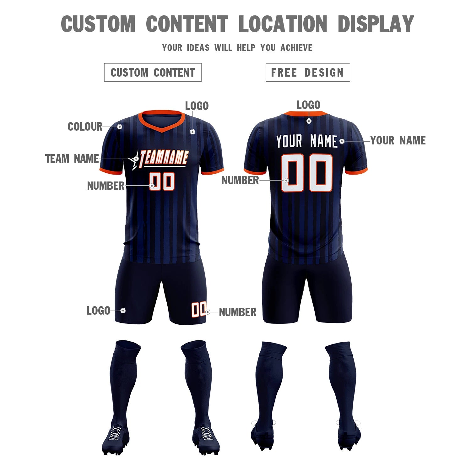 Custom Navy Orange Breathable Soccer Sets Jersey