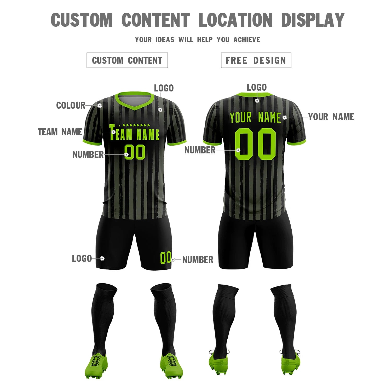 Custom Black Neon Green Breathable Soccer Sets Jersey