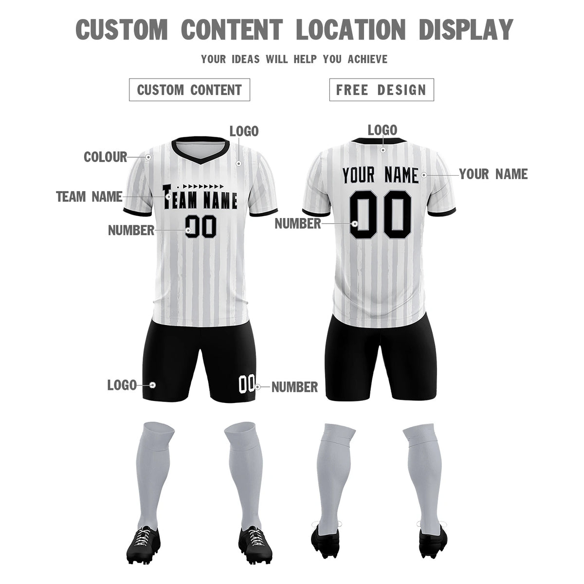 Custom White Black Breathable Soccer Sets Jersey
