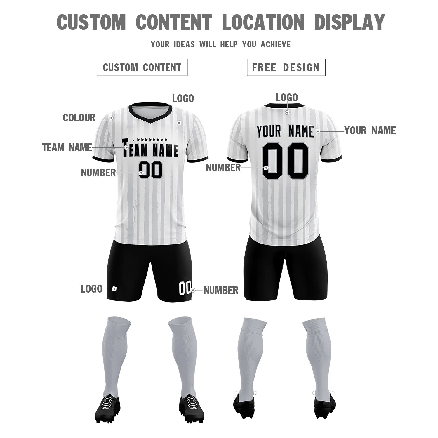 Custom White Black Breathable Soccer Sets Jersey