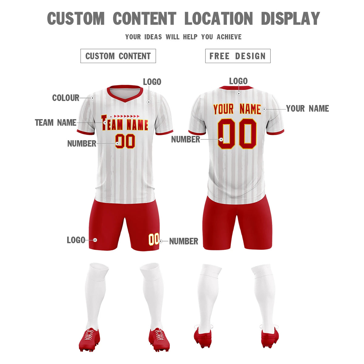 Custom White Red Breathable Soccer Sets Jersey