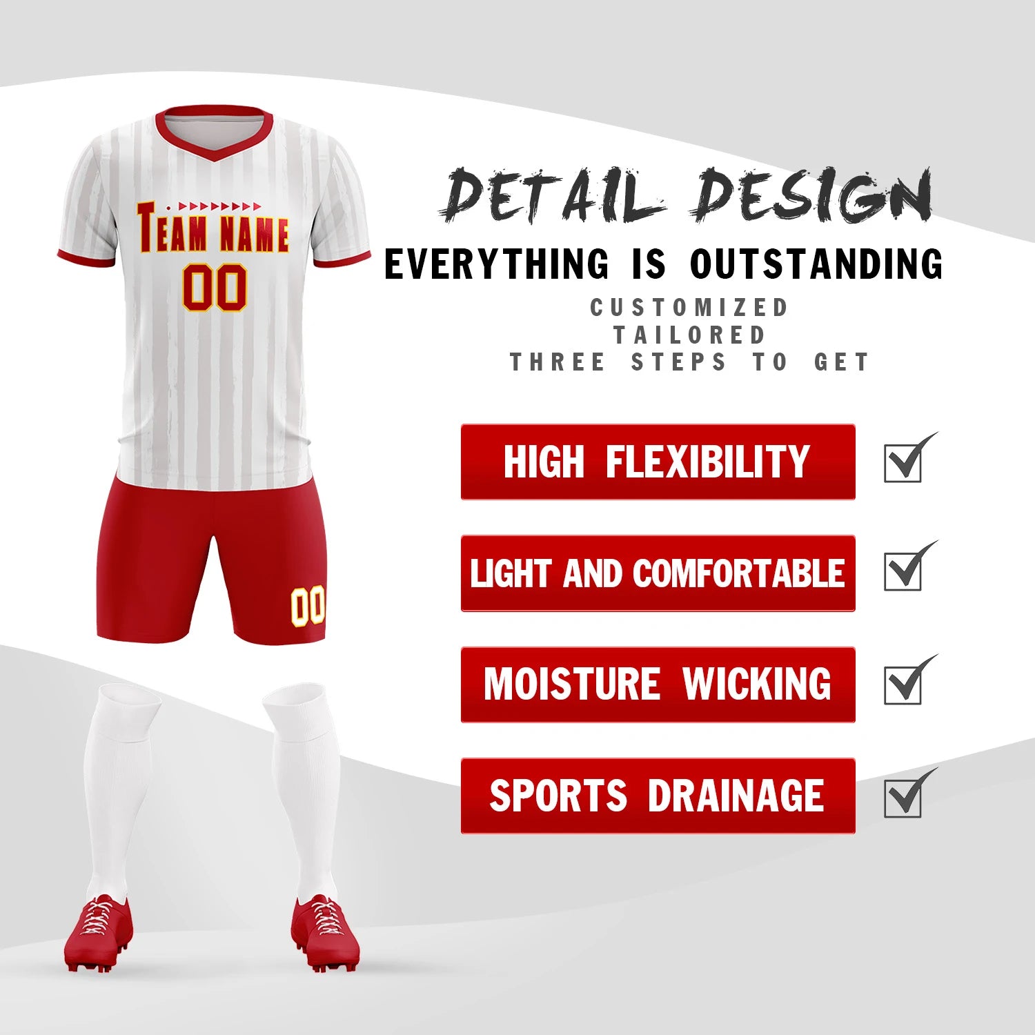 Custom White Red Breathable Soccer Sets Jersey