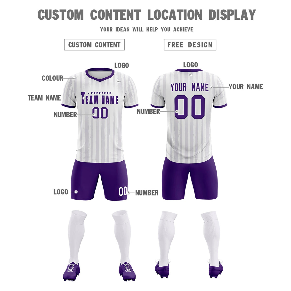Custom White Purple Breathable Soccer Sets Jersey
