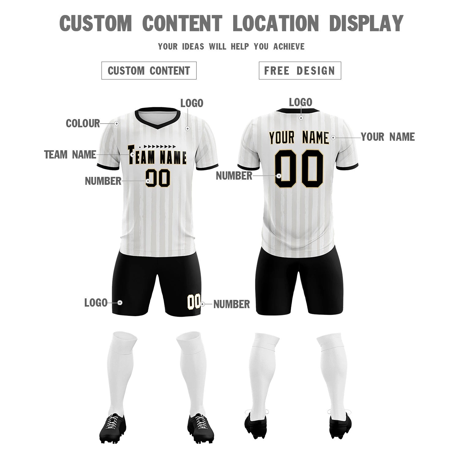 Custom White Black Breathable Soccer Sets Jersey
