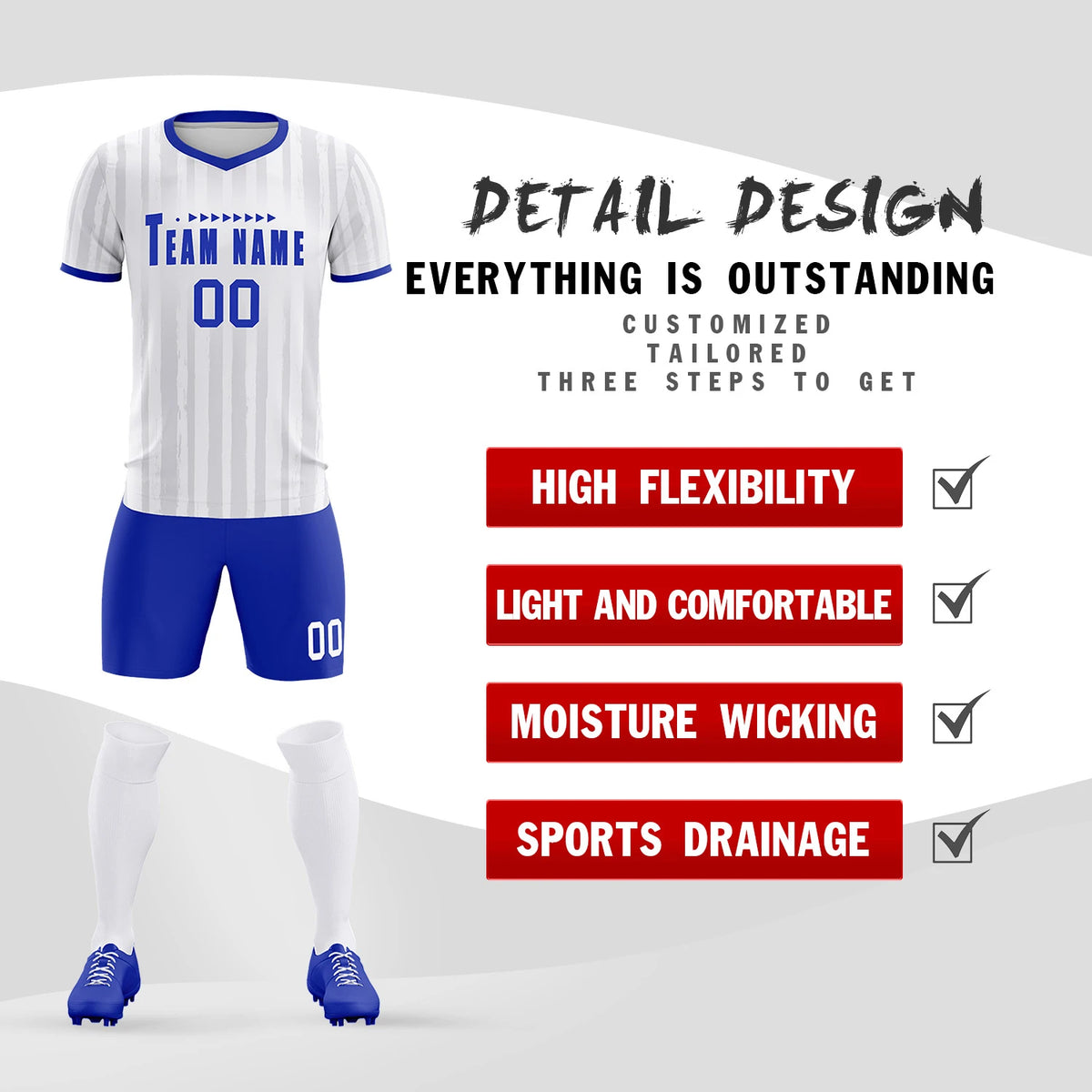 Custom White Royal Blue Breathable Soccer Sets Jersey