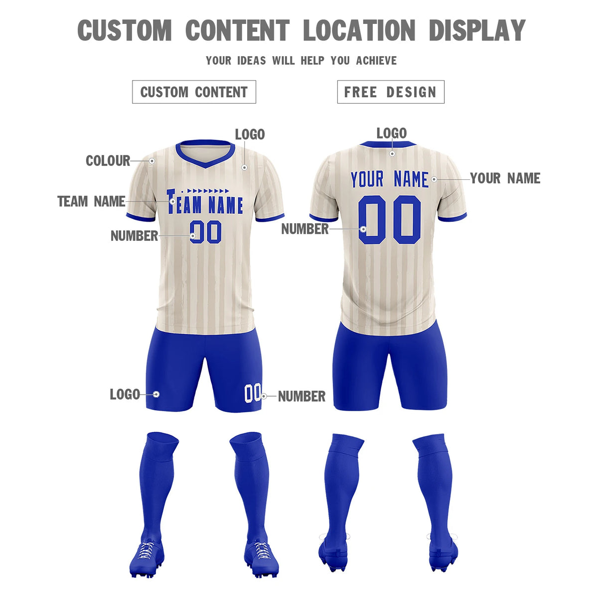 Custom Khaki Royal Blue Breathable Soccer Sets Jersey