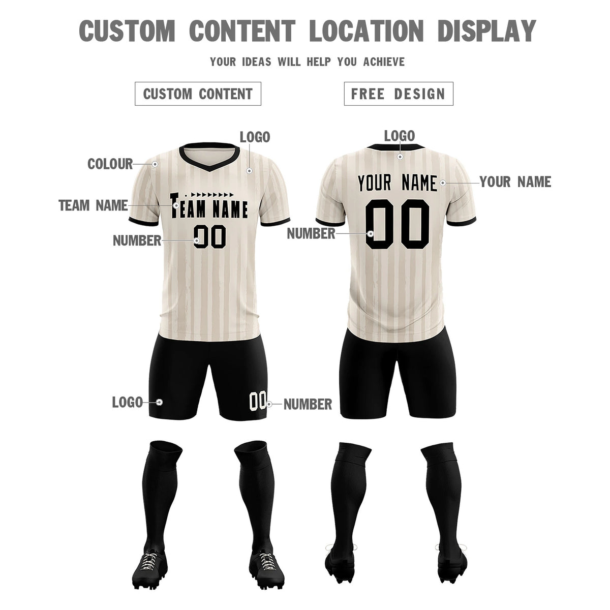 Custom Khaki Black Breathable Soccer Sets Jersey