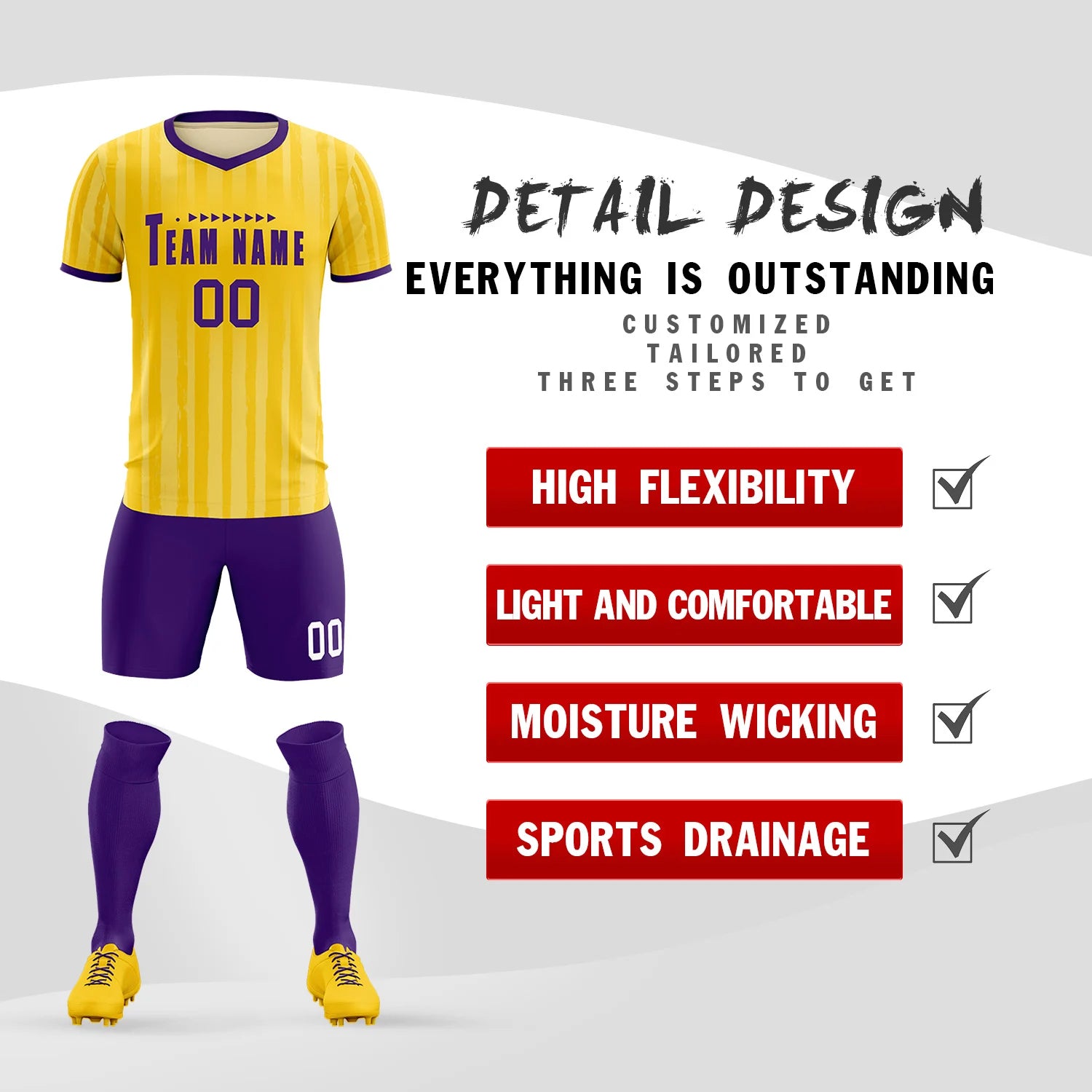 Custom Gold 01 Purple Breathable Soccer Sets Jersey