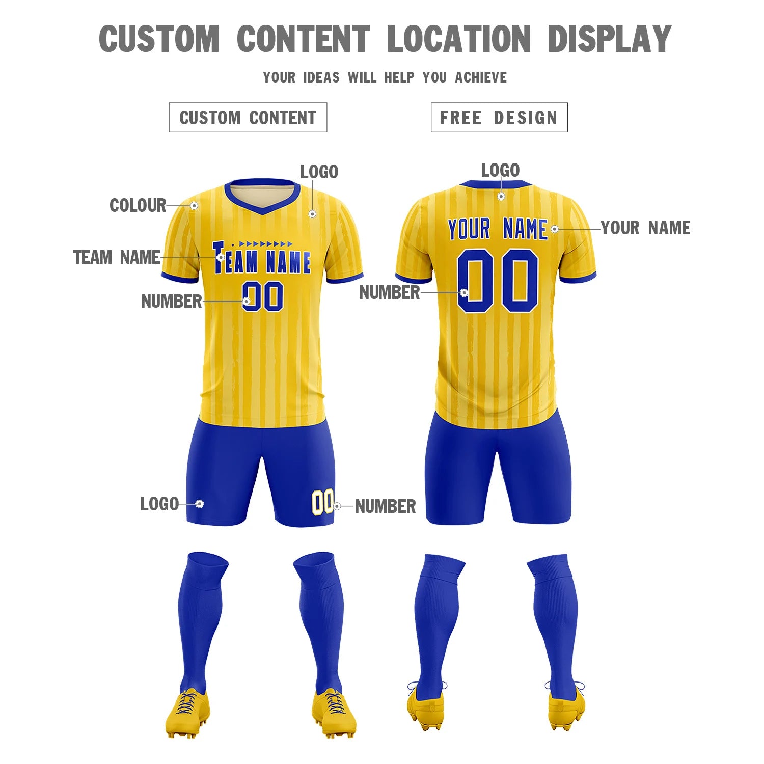 Custom Gold 01 Royal Blue Breathable Soccer Sets Jersey