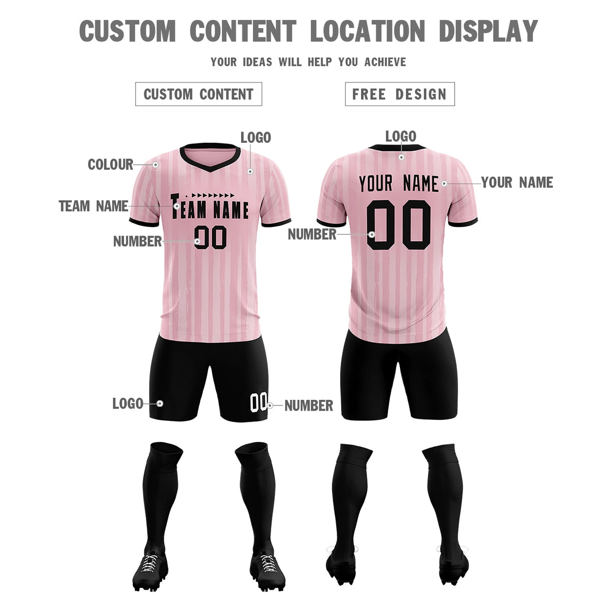 Custom Light Pink Black Breathable Soccer Sets Jersey