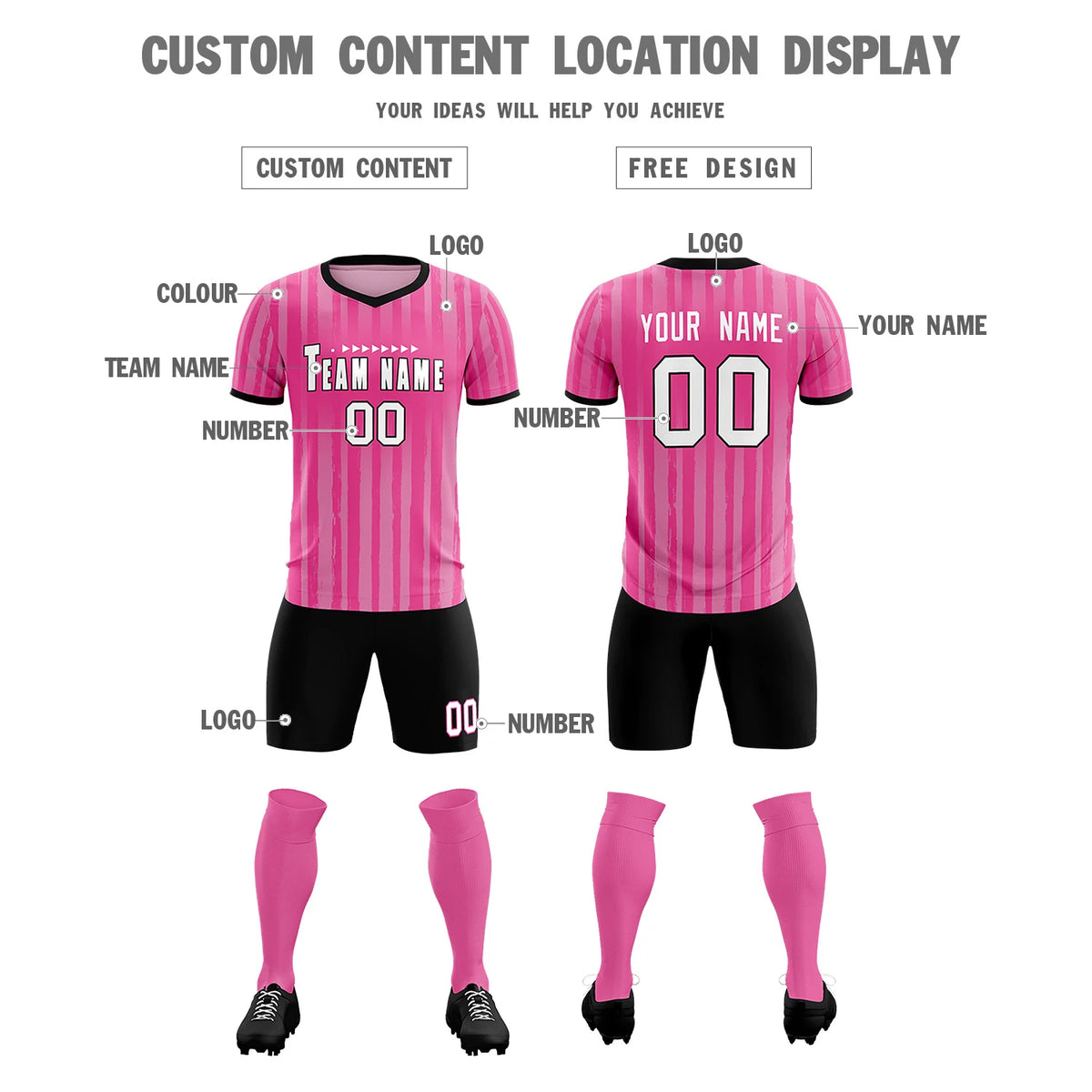 Custom Pink Black Breathable Soccer Sets Jersey