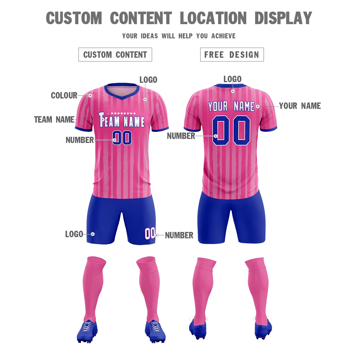 Custom Pink Royal Blue Breathable Soccer Sets Jersey