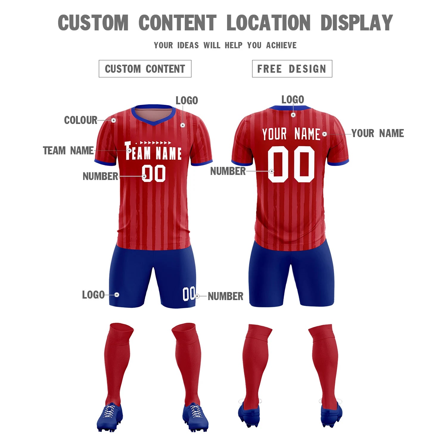 Custom Red Royal Blue Breathable Soccer Sets Jersey