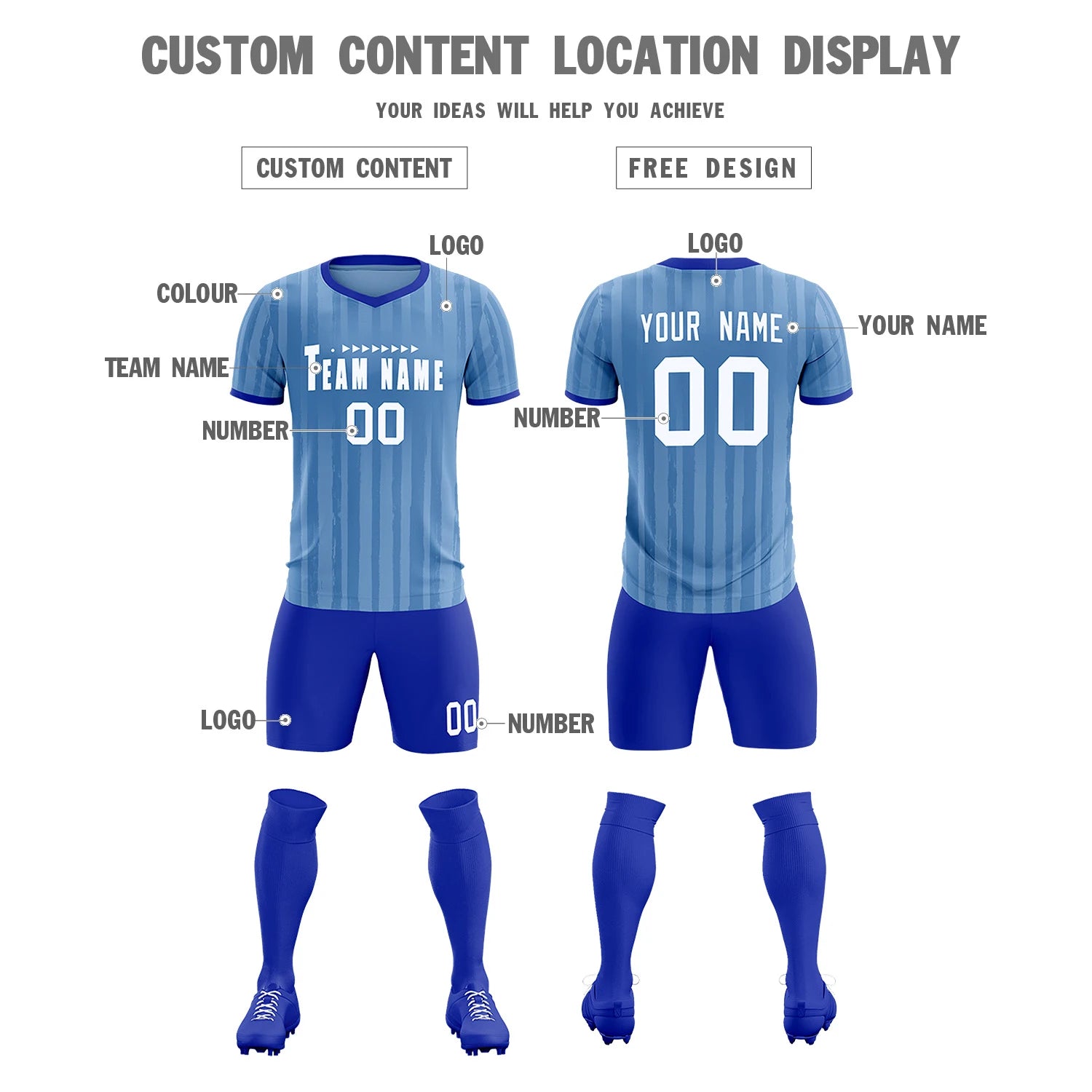 Custom Light Blue Royal Blue Breathable Soccer Sets Jersey