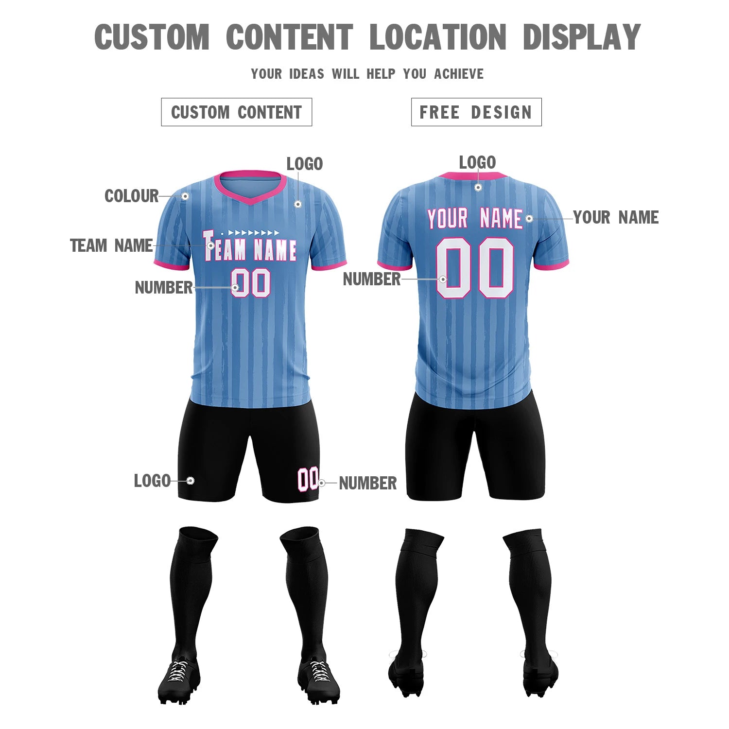 Custom Light Blue Pink Breathable Soccer Sets Jersey