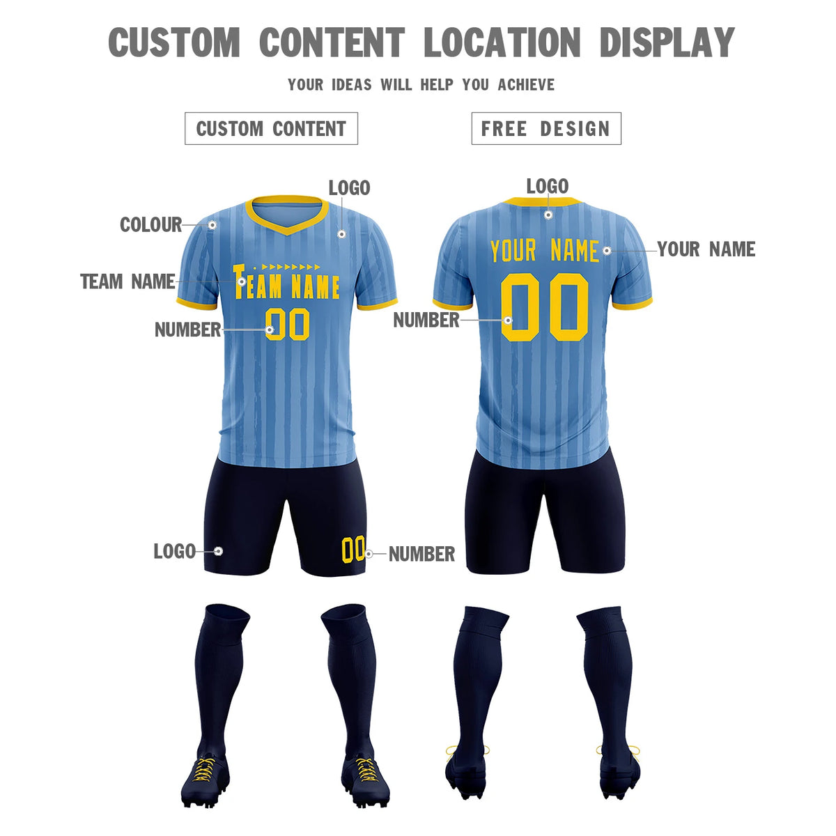 Custom Light Blue Gold 01 Breathable Soccer Sets Jersey