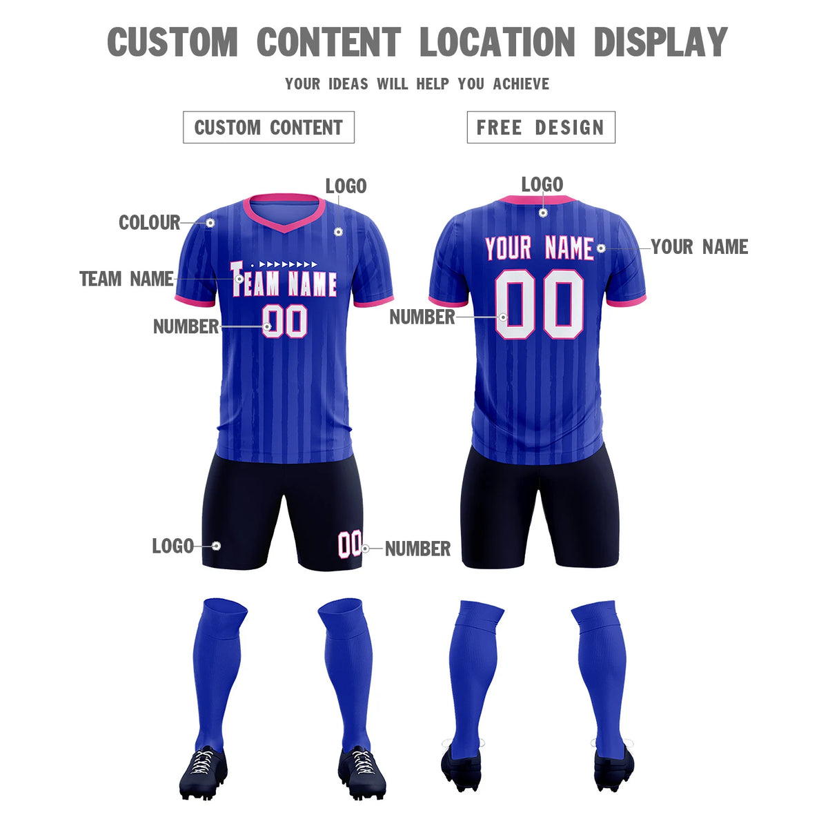 Custom Royal Blue Pink Breathable Soccer Sets Jersey