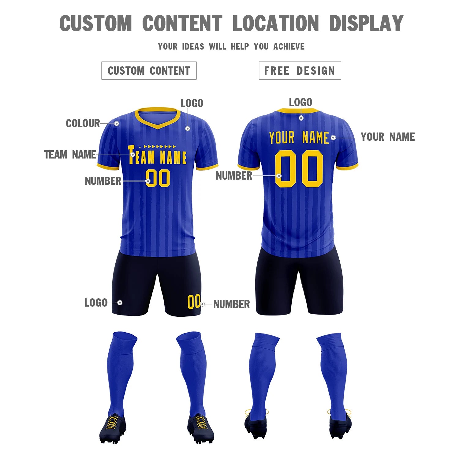 Custom Royal Blue Gold 01 Breathable Soccer Sets Jersey