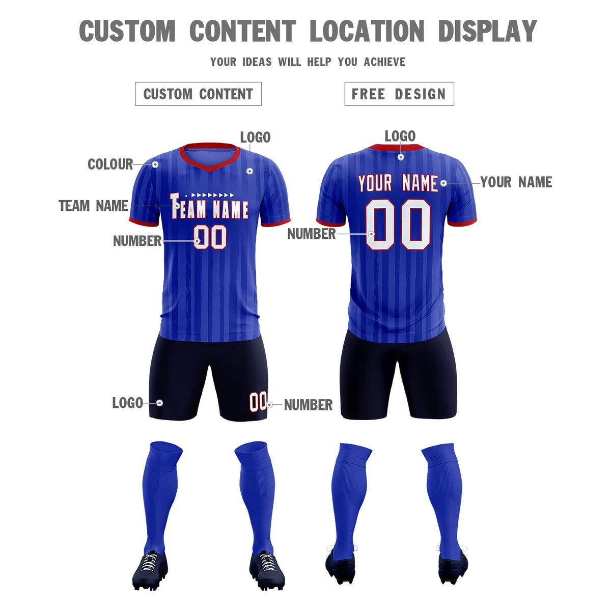 Custom Royal Blue Red Breathable Soccer Sets Jersey