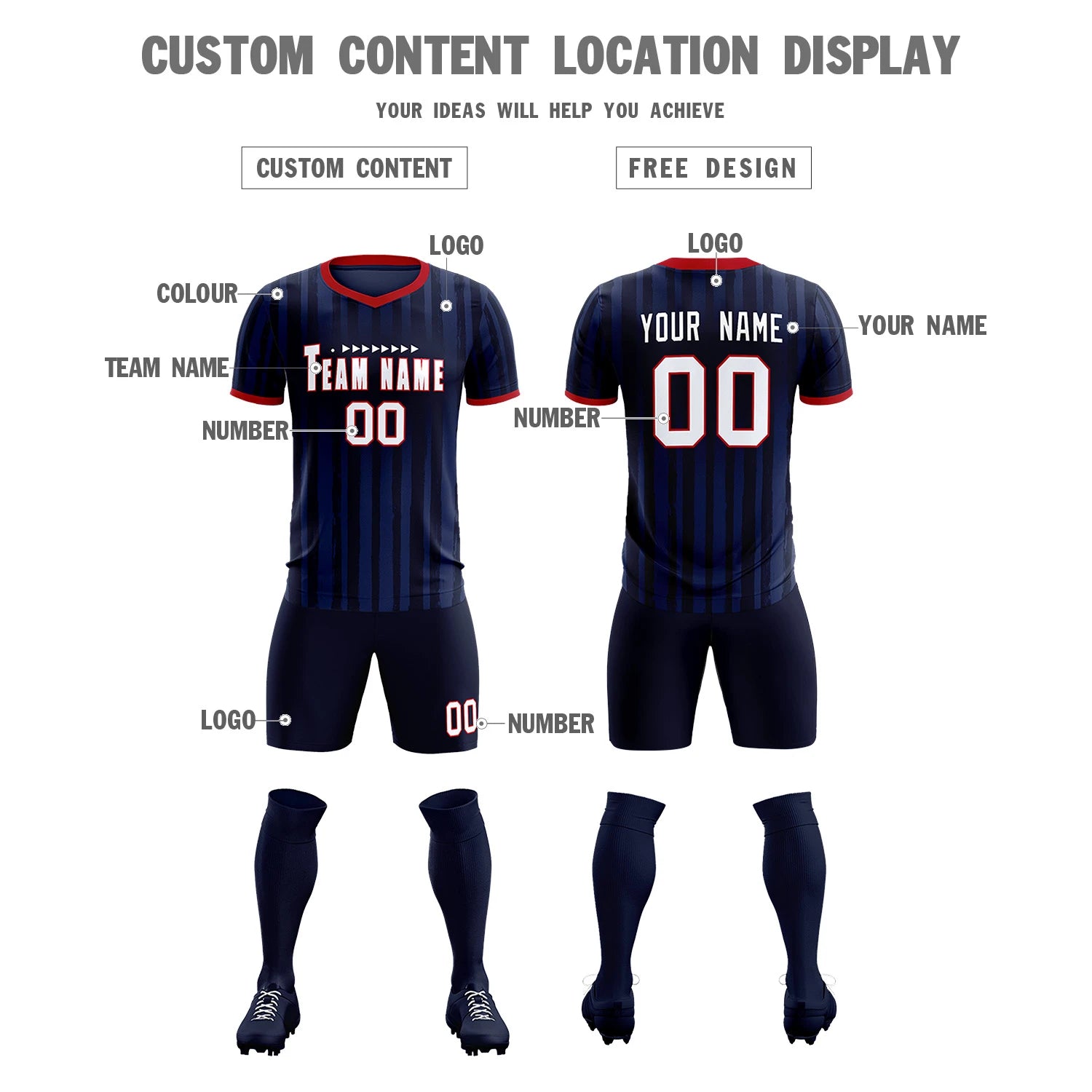 Custom Navy Red Breathable Soccer Sets Jersey