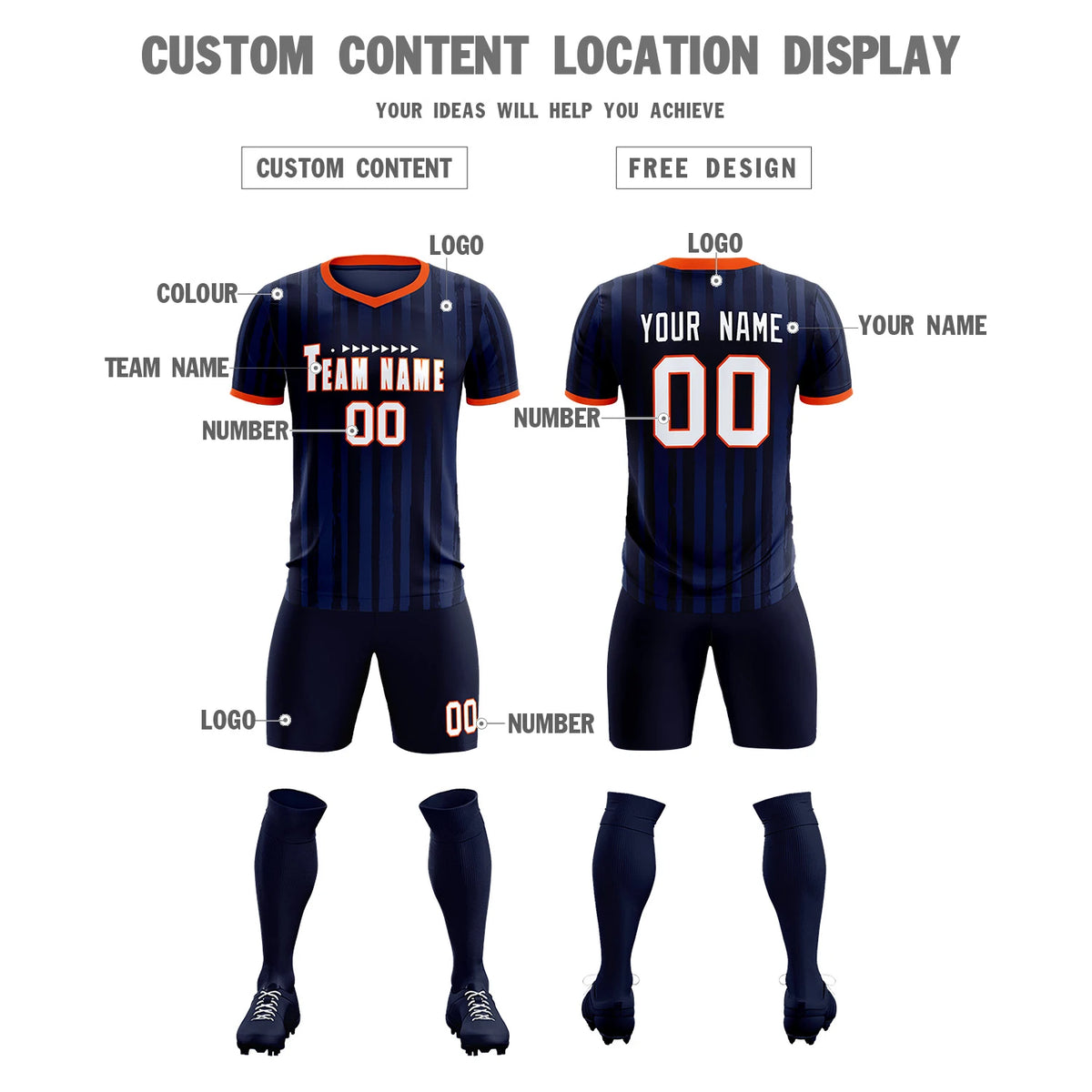 Custom Navy Orange Breathable Soccer Sets Jersey