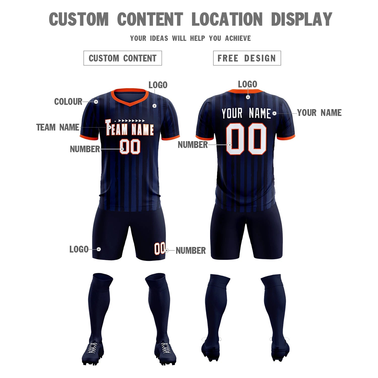 Custom Navy Orange Breathable Soccer Sets Jersey