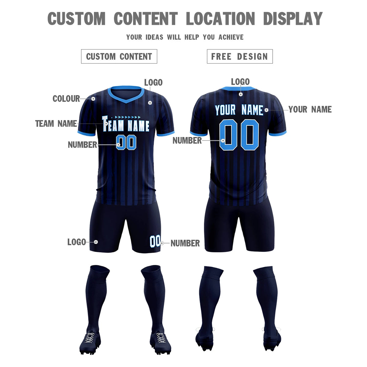 Custom Navy Powder Blue Breathable Soccer Sets Jersey