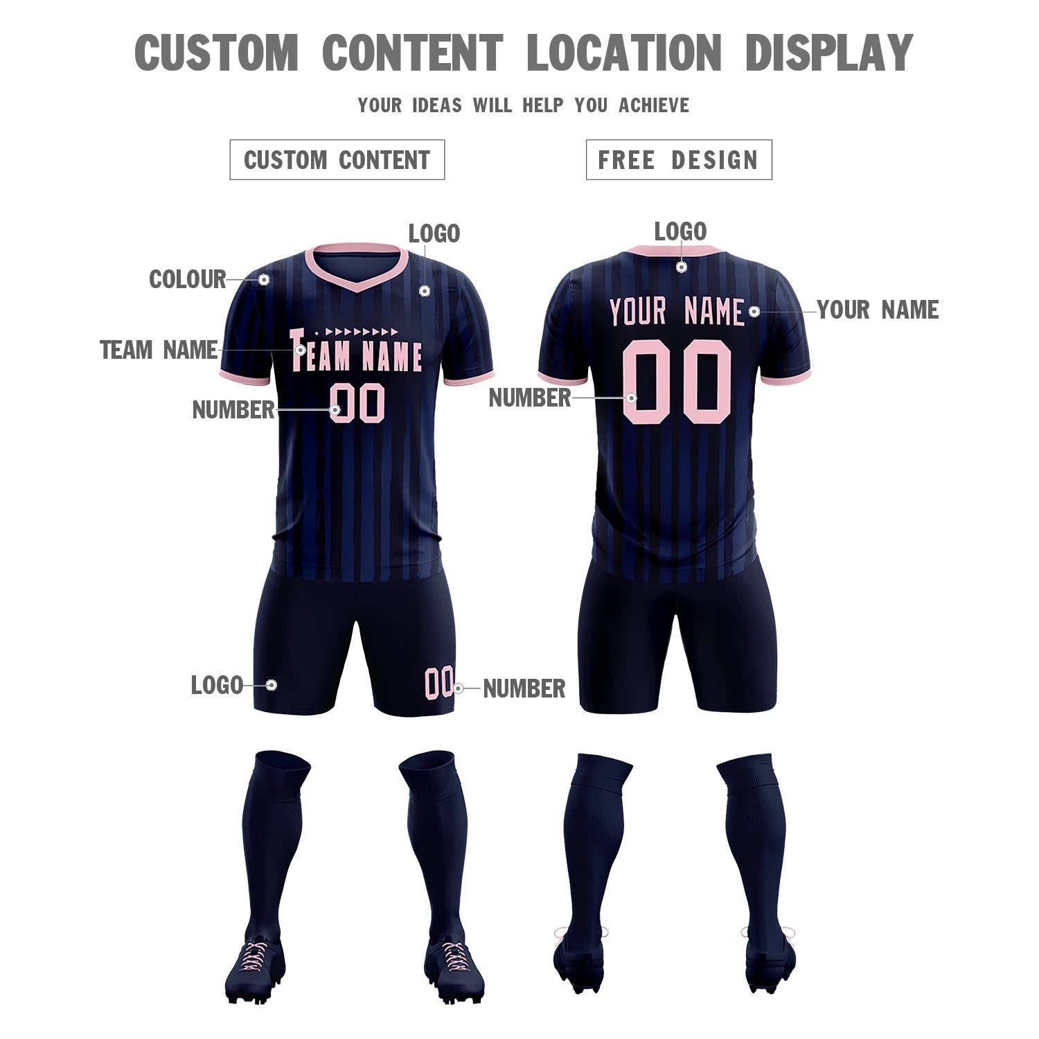 Custom Navy Light Pink Breathable Soccer Sets Jersey