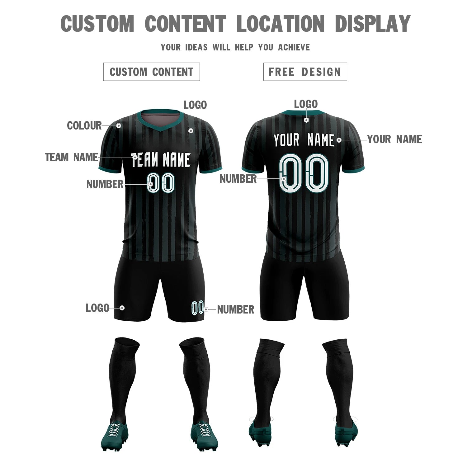 Custom Black Midnight Green Breathable Soccer Sets Jersey