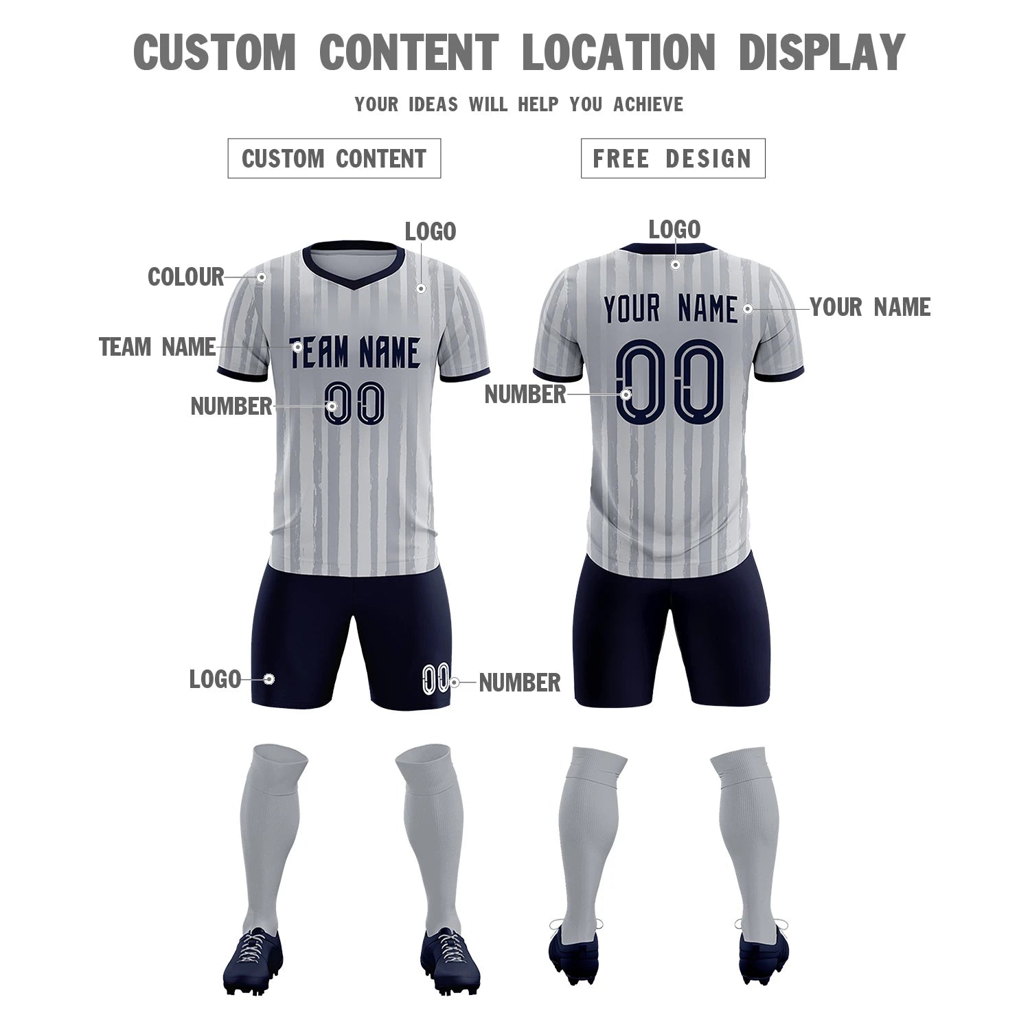 Custom Gray Navy Breathable Soccer Sets Jersey