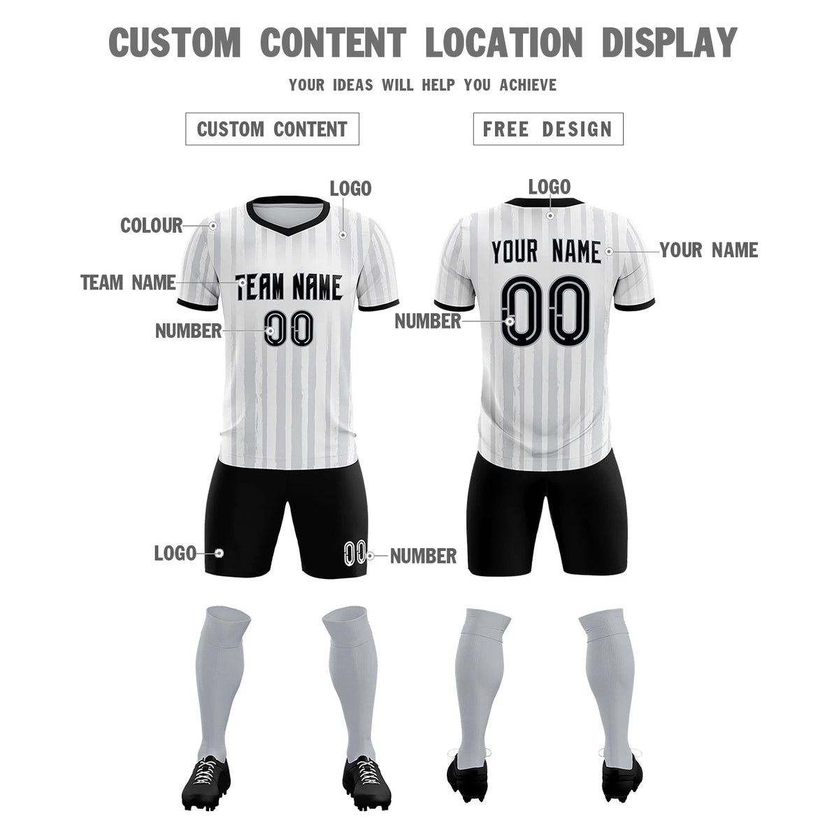 Custom White Black Breathable Soccer Sets Jersey