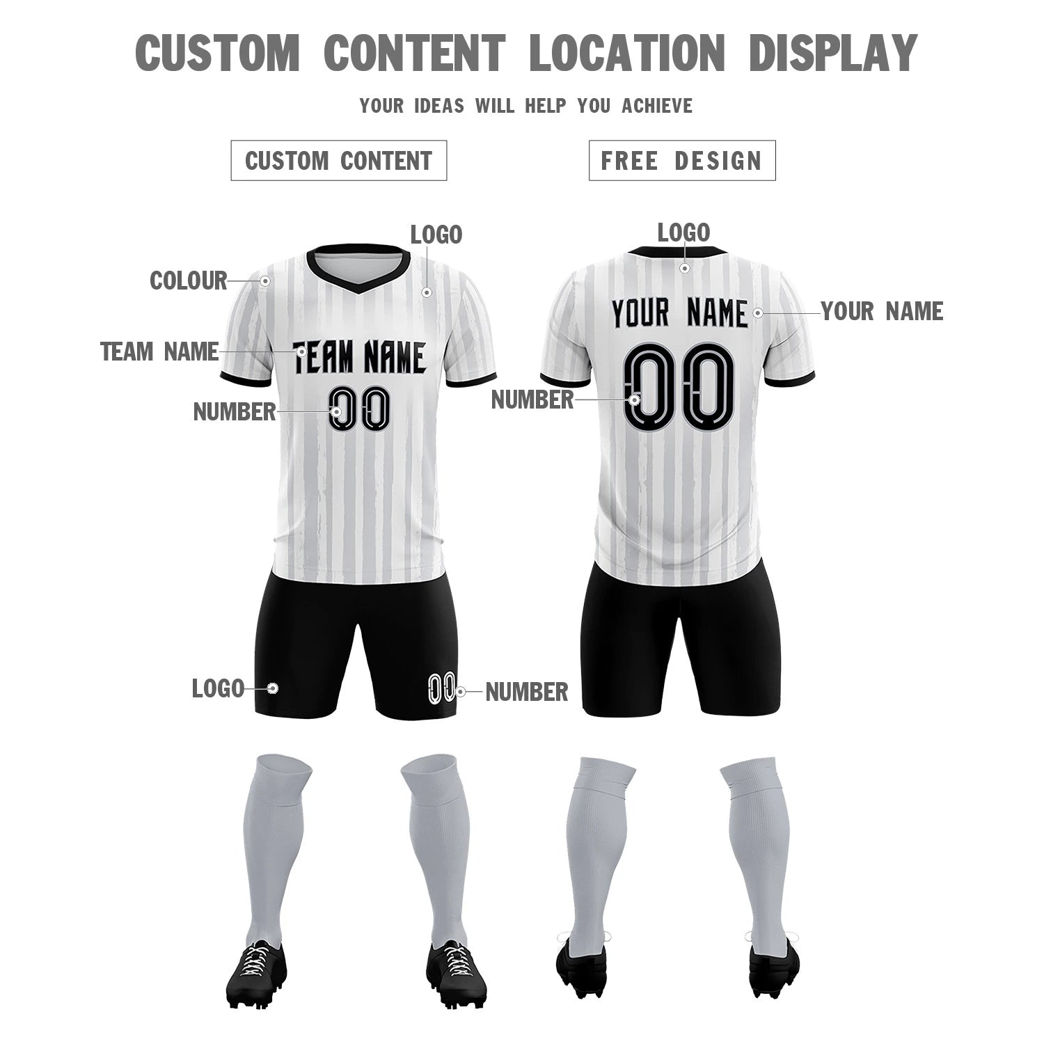 Custom White Black Breathable Soccer Sets Jersey